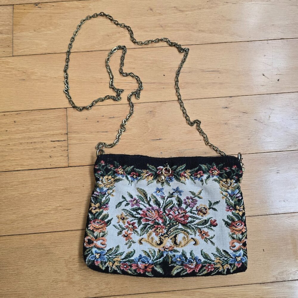 vintage 70's | petite point embroidered floral tapestry small crossbody purse